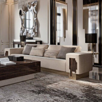 Lavish Reflex Belle Epoque sofa with wooden structure, light beige textile upholstery and glazed gold finished metal accents