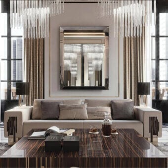 Exclusive Reflex Belle Epoque sofa with light beige textile upholstery, lacquered latte wood and glazed gold metal accents
