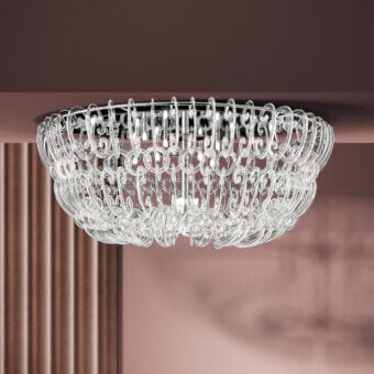Superior Reflex Casanova ceiling lamp with mirrored glass support and transparent Murano glass elements in a shiny metal structure