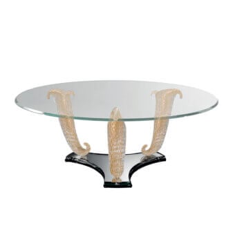 Exclusive Reflex Casanova coffee table with beveled extra-clear glass and textured horn-shaped Murano glass legs in light tan