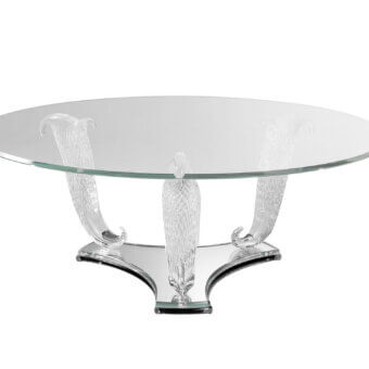 Distinguished Reflex Casanova coffee table with transparent Murano glass legs and glossy black lacquered glass plinth crafted in extra-clear glass