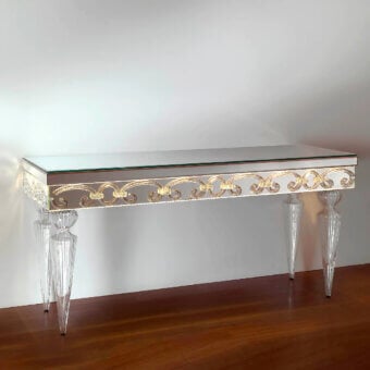 Elegant Reflex Casanova console with wooden structure, extra-clear mirror glass and illuminated Murano glass details in transparent C and O shapes