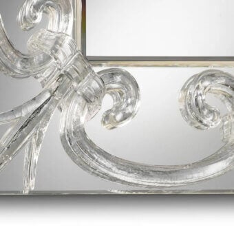 Exceptional Reflex Casanova mirror with extra clear glass encircled by transparent curly Murano glass and glossy clear finish