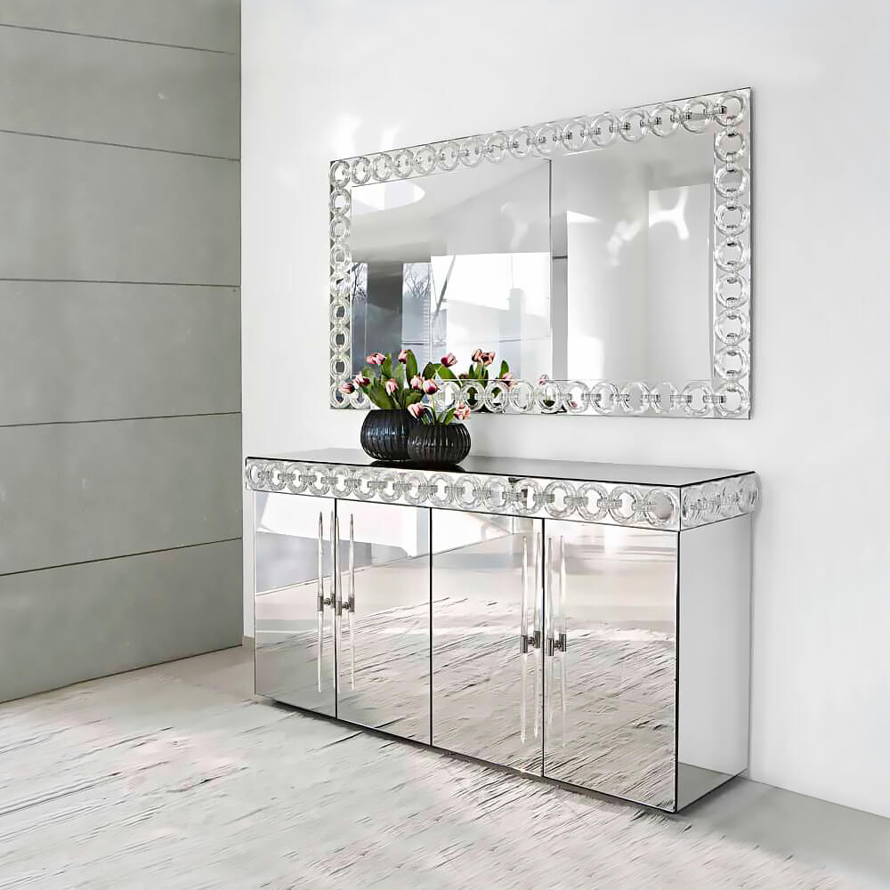 Distinguished Reflex Casanova sideboard with extra clear mirror glass and transparent Murano glass rings along its surface