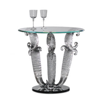 Elegant Reflex Casanova side table with beveled extra-clear glass top and ornate transparent Murano glass legs built with a black lacquered plinth