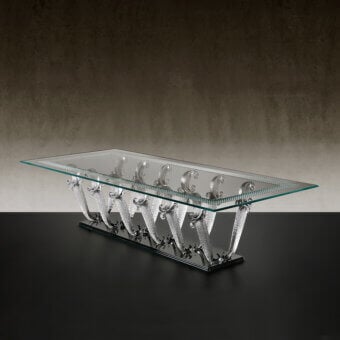 Exceptional Reflex Casanova table with clear glass top, Bohème engravings and transparent Murano glass legs in black lacquered glass