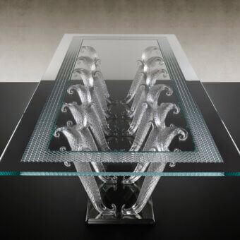 Elegant Reflex Casanova Special table with beveled clear glass top and sculptural transparent Murano glass legs in black lacquered glass
