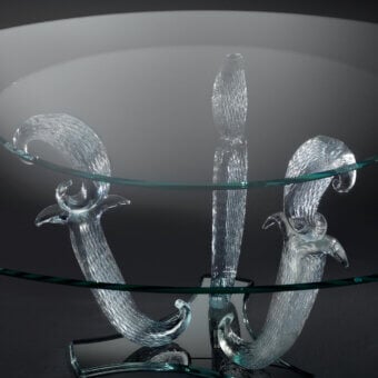 Exclusive Reflex Casanova table with extra-clear glass top and sculpted transparent Murano glass legs in black lacquered glass