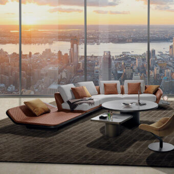 Superior Reflex Segno sofa chaise lounge with quilted Segno leather and bronze finished metal legs built with Canaletto Walnut