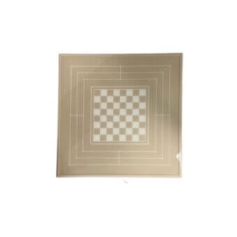 Checkerboard pattern with alternating tan squares within concentric square borders, smooth laminate surface, minimalist geometric design on white background.