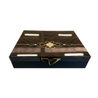 Wood tiles box with dark hardwood construction, inlaid light wood floral pattern, and brass clasp closure, studio shot.