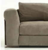 Taupe modular sofa section with textured upholstery, rounded armrest, and sloped back cushion; features “arthur back cushion a” tag.