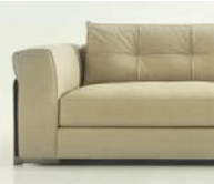 Beige sofa with rounded arms and tufted rectangular back, linen-like fabric upholstery, dark legs, studio shot, “arthur back cushion b” label.