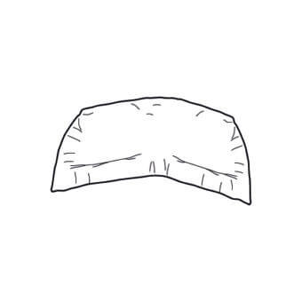 Corner cushion illustration, textured fabric, asymmetrical crescent shape, white background, stylized linework, studio rendering.
