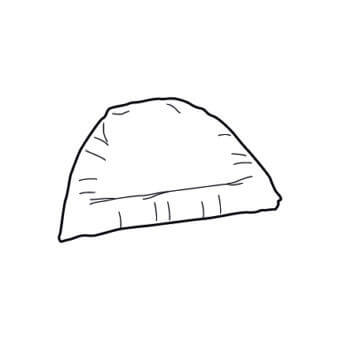Triangular cushion line drawing, black and white, low profile with horizontal division, simple sketch style on white background.