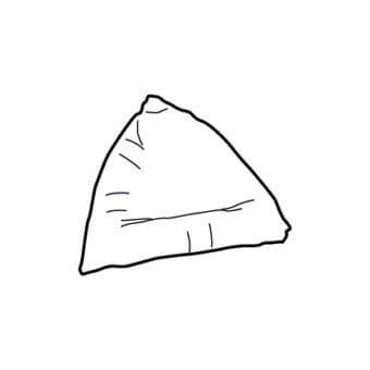 Triangular cushion sketch, black and white, low profile with sketched interior lines and irregular edges on a white background.