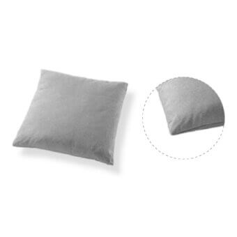 Gray square pillow with rounded corners, detailed fabric texture shown in inset, neutral tone, minimalist aesthetic, studio lighting.