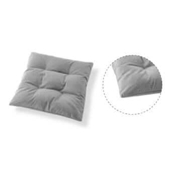 Gray square cushion with quilted texture, detailed inset view of fabric squares, soft sheen, studio lighting, white background.