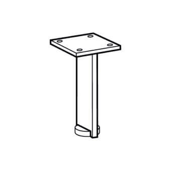 Metal furniture leg assembly, black and white line drawing, square mounting plate, rectangular post, flared foot, minimalist design.