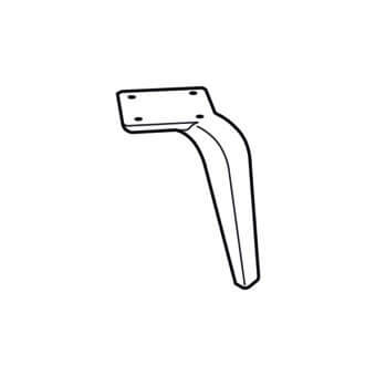 Furniture leg, black and white line drawing, rectangular plate with screw holes, curved angled support, tapered square base, minimalist design.