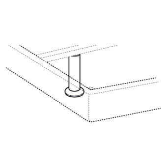 Furniture foot, metal, cylindrical with flared base, set in light-colored corner structure with dashed lines and "otello host feet" label.