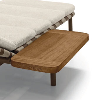 Side table with brown wood tabletop, cream fabric cushion, and slender metal leg, minimalist design, studio shot.