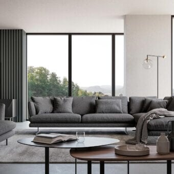 Distinguished Bonaldo Lars sectional with matte medium gray textile upholstery and slender dark metal legs