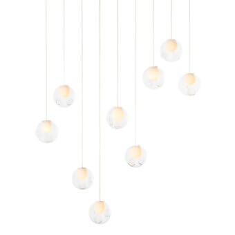Captivating Bocci 28 Linear suspension lamp crafted in clear glass with milk white interior lamp holder cavities and light-colored cables