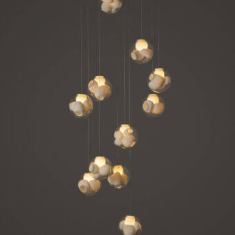Captivating Bocci 38V Suspension Lamp lighting with twelve clear glass exterior spheres and milk white interior cavities