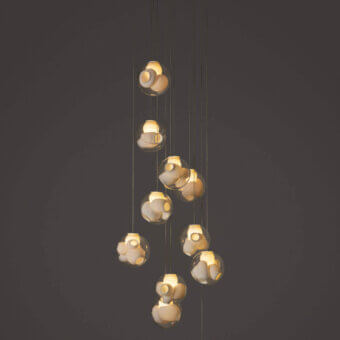 Superior Bocci 38V Suspension Lamp lighting crafted with clear glass exterior spheres and milk white interior lamp holder cavities with glossy finish