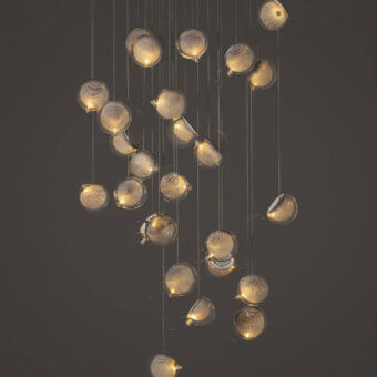 Luxury Bocci 76 Random suspension lamp with clusters of hot white and clear glass plus delicate copper mesh detailing