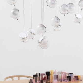 Distinguished Bocci 76 Random suspension lamp crafted in hot white and clear glass with copper mesh and silver-toned metal cage finish