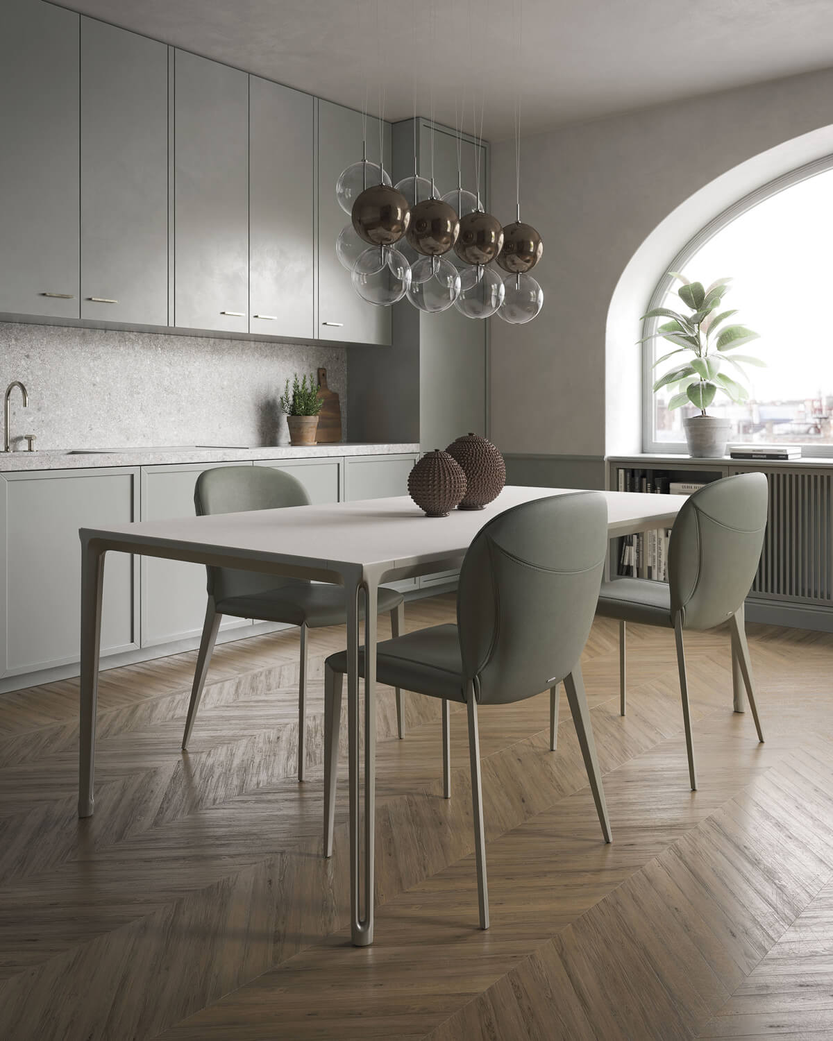 Distinguished Cattelan Italia Boulevard table with embossed lacquered aluminum legs and clay-spatulated tempered glass top in light gray or off-white with a matte finish