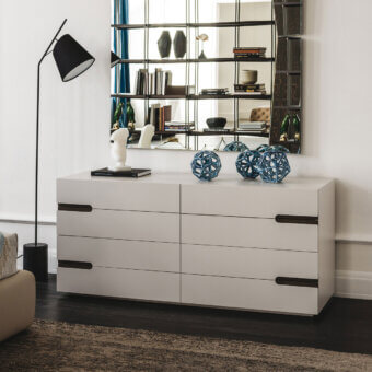 Elegant Cattelan Italia Ciro dresser in light grey embossed lacquered wood with recessed dark brown wood handles and plinth base