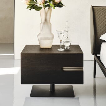 Refined Cattelan Italia Ciro nightstand with burned oak embossed lacquered wood and cylindrical metal supports