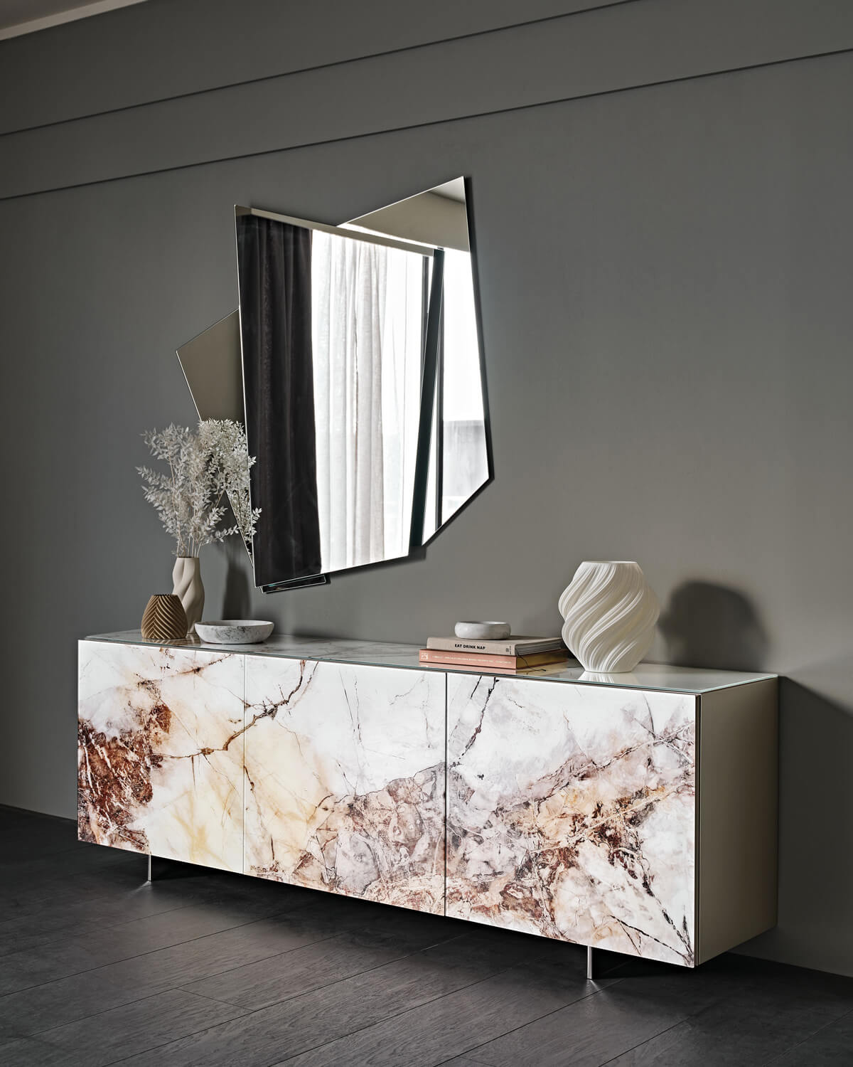 Exclusive Cattelan Italia Focus CrystalArt sideboard with extra clear glass doors in white, beige, brown and grey tones and neutral beige lacquered wood finish