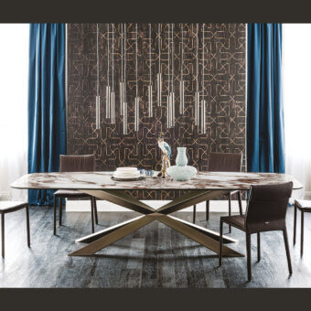 Distinguished Cattelan Italia Spyder table with glossy Golden Calacatta ceramic top and satin titanium painted steel base