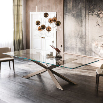 Elegant Cattelan Italia Spyder table with clear glass top and satin bronze painted steel X-shaped base