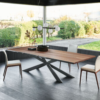 Distinguished Cattelan Italia Spyder Wood table with graphite painted steel base and natural oak tabletop crafted with irregular solid wood edges in matte finish