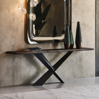 Distinguished Cattelan Italia Terminal console with Canaletto walnut top and black embossed lacquered steel X-shaped base