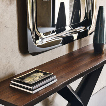 Sophisticated Cattelan Italia Terminal console with Canaletto walnut wood top and black embossed lacquered steel base