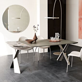 Distinguished Cattelan Italia Terminal Keramik Drive console with embossed lacquered steel base and ceramic Marmi top in muted gray tones