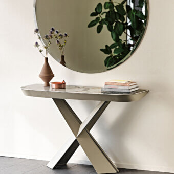 Elegant Cattelan Italia Terminal Keramik Drive console with embossed lacquered steel base and ceramic Marmi top