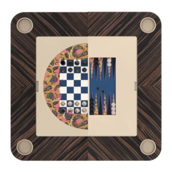 Game board with wood veneer frame, featuring checkerboard and backgammon surfaces, floral border, silver feet and hinge.