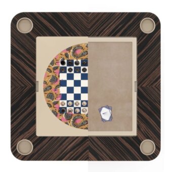 Game table with wood-grain frame, double-sided playing surface features checkerboard and floral design, with card storage visible.