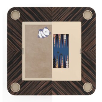 Backgammon board with dark brown wood frame, chevron detail, displaying traditional game layout and beige textured side with US dollar bills.