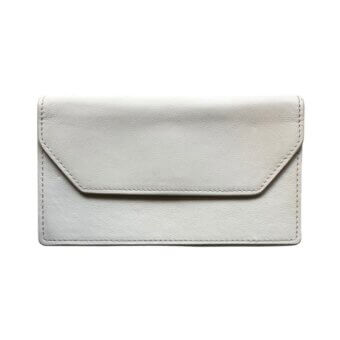 Leather wallet, light gray, envelope closure with flap, minimalist design, smooth grain texture, clean edges, centered on white background.