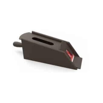 Paper cutter, dark brown metal, angular design with red blade and rounded handle against a white backdrop.