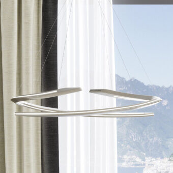 Superior Reflex Speedform suspension lamp with elegantly curved elements in light silver metallic and mirror glass support