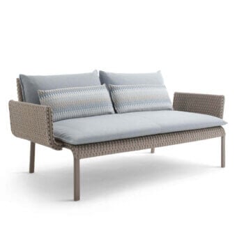 Elegant Roberti Rattan Key West sofa with light gray cushions and durable Sunrope woven around a Cipria powder-coated aluminum structure